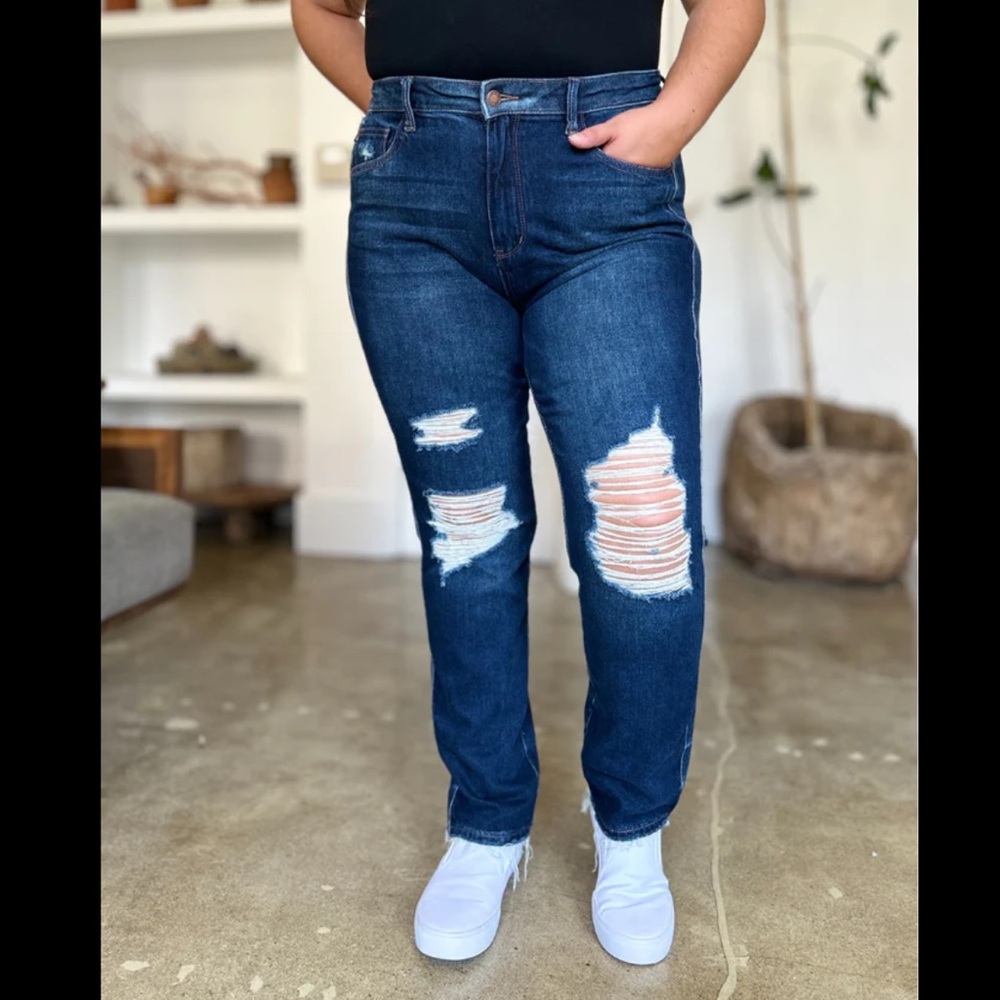 Judy Blue Distressed Straight Leg Jeans - Dark Blue
